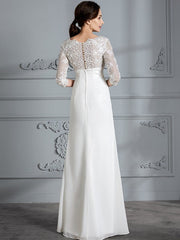 Sheath/Column V-neck 3/4 Sleeves Chiffon Floor-Length Wedding Dresses