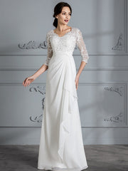 Sheath/Column V-neck 3/4 Sleeves Chiffon Floor-Length Wedding Dresses