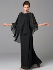 A-Line Mother of the Bride Dress Wedding Guest Elegant Cape Dress Plus Size Jewel Neck Floor Length Chiffon Sleeveless