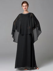 A-Line Mother of the Bride Dress Wedding Guest Elegant Cape Dress Plus Size Jewel Neck Floor Length Chiffon Sleeveless