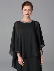 A-Line Mother of the Bride Dress Wedding Guest Elegant Cape Dress Plus Size Jewel Neck Floor Length Chiffon Sleeveless
