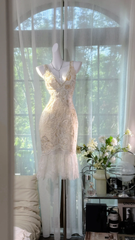 Vintage Ivory Lace Homecoming Dress Shiny Sequin V-neck Sheath Party Dress Cocktail Dress HZ1024