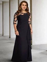 A-Line Mother of the Bride Dresses Plus Size Hide Belly Curve Elegant Fall Wedding Guest Dress Formal Floor Length Half Sleeve Jewel Neck Chiffon with Pleats Ruched Appliques