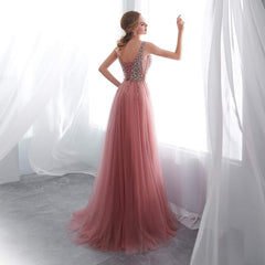 A Line V Neck Pink Tulle Prom Dress with Corset Back, Pink V Neck Formal Dresses, Graduation Dresses