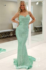Elegant Sequin Mint Green Spaghetti Straps Mermaid Prom Dress