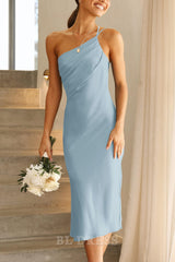 Sheath One Shoulder Spaghetti Strap Backless Ruched Satin Bodycon formal dresses Bridesmaid Dresses evening gown Prom Dress