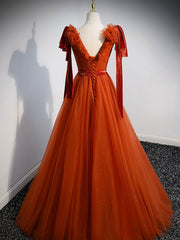V Neck Tulle Brick Red Long Prom Dresses, Simple Formal Gown Graduation Dresses