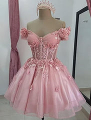 Modest Ball Gown Off The Shoulder Blush Pink Tulle Formal Homecoming Dresses 8th Grad Dance Graduation Dress Short Hoco Dresses DH2596