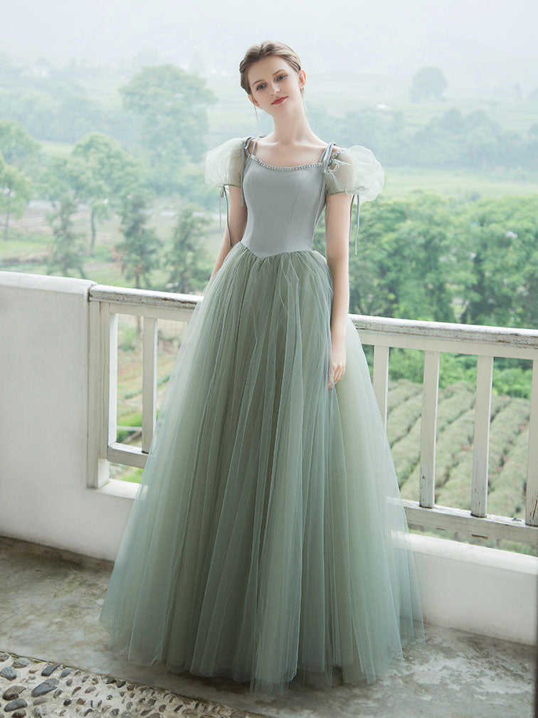 Green tulle long prom dress, green tulle formal dress