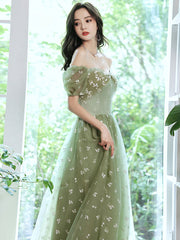 Green tulle long prom dress, green tulle formal dress