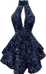 Halter -pailletten Homecoming -jurken Korte Sparkly Glitter Cutout Mini Backless Tight BodyCon Prom Cocktailjurken voor vrouwen