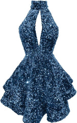 Halter -pailletten Homecoming -jurken Korte Sparkly Glitter Cutout Mini Backless Tight BodyCon Prom Cocktailjurken voor vrouwen
