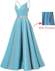 Spaghetti Stracles Robe de bal Long Satin perle en V V Vandes de balle de fête de soirée avec poches