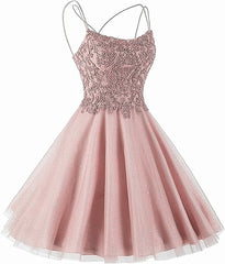Lovely Tulle with Lace Applique Cross Back Homecoming Dress, Short Prom Dress