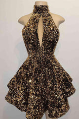 Halter -pailletten Homecoming -jurken Korte Sparkly Glitter Cutout Mini Backless Tight BodyCon Prom Cocktailjurken voor vrouwen