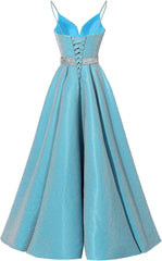 Spaghetti Stracles Robe de bal Long Satin perle en V V Vandes de balle de fête de soirée avec poches