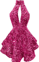 Halter -pailletten Homecoming -jurken Korte Sparkly Glitter Cutout Mini Backless Tight BodyCon Prom Cocktailjurken voor vrouwen
