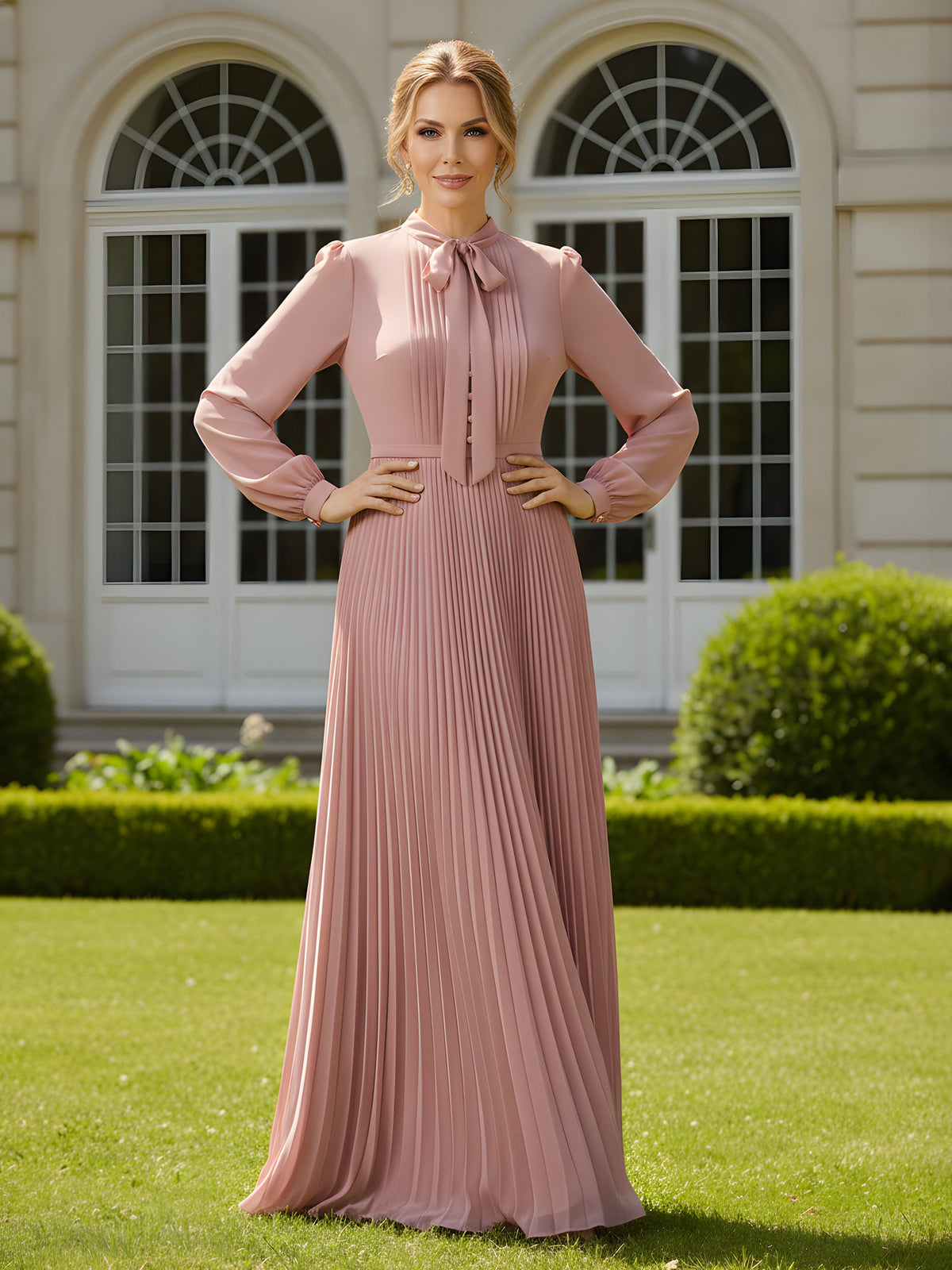 Chiffon Pleated Maxi Dress with Pussy Bow Neck Tie Dusty Rose
