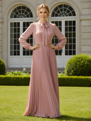 Chiffon Pleated Maxi Dress with Pussy Bow Neck Tie Dusty Rose