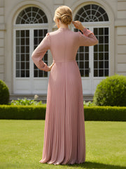 Chiffon Pleated Maxi Dress with Pussy Bow Neck Tie Dusty Rose
