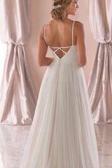 Long A-Line Spaghetti Straps White Wedding Dress with Lace Top