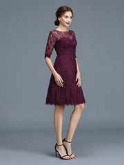 A-Line/Princess Bateau 1/2 Sleeves Knee-Length Lace Satin Bridesmaid Dresses