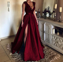 Modest Lace Cap Sleeves V-neck Long Leg Split Satin Prom Dresses