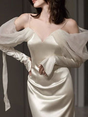 V Back Spliced Satin Long Sleeve Slash Neck Bodycon Prom Dress Birthday Outfits P445