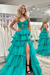 A-Line Strapless Green Ruffle Tiered Long Prom Dresses