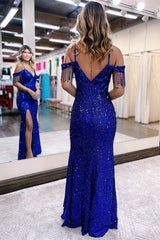 Royal Blue Sequin Cold-Shoulder Fringes Long Prom Dress with Slit