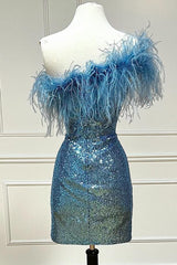 Pink Sequin Feather One-Shoulder Mini Dress
