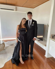 A Line Strapless Black Satin formal dresses Bridesmaid Dresses evening gown Prom Dress With Split