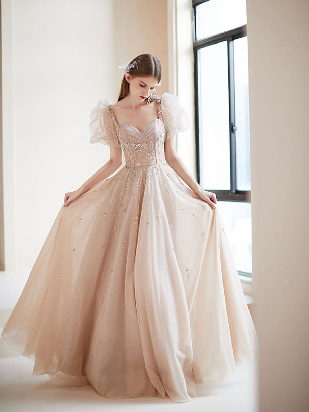 Champagne tulle A line beads long prom dress, champagne evening dress