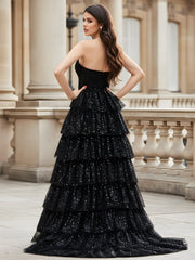 Strapless Sequin Embellished Tiered Tulle Gown Black