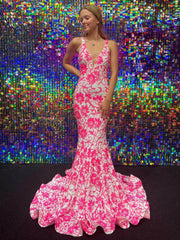 V Neck Blue White Sequins Long Mermaid Prom Dresses