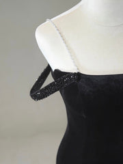 Mermaid Off Shoulder Velvet Sweep Train Black Prom Dress with Beads