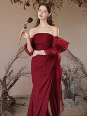 Burgundy Off Shoulder  Satin Tulle Long Prom Dress, Burgundy Evening Dress