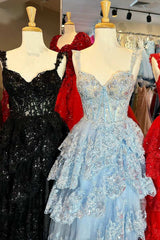 Sequins Sweetheart A-Line Tiered Long Prom Dress with Slit