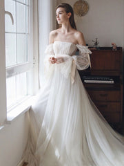 Simple white chiffon long prom dress, white chiffon evening dress