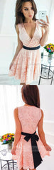 A-Line V-Neck Short Pink Lace Homecoming Dress with Sash