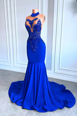 Royal Blue High Neck Mouwloze zeemeermin prom -jurk met kralen