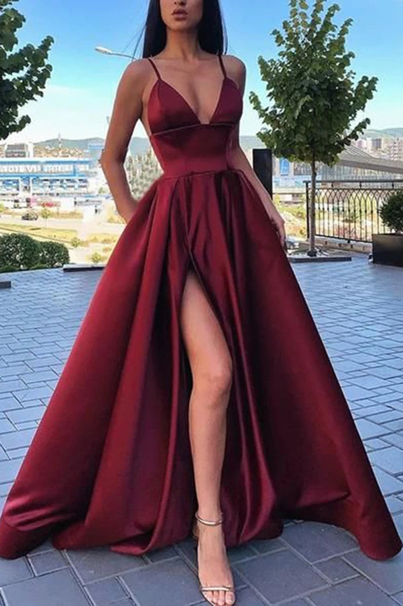 A Line Satin V Neck Burgundy 2024 Prom Dresses Spaghetti Straps