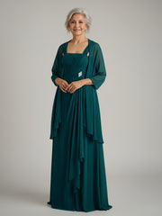 Ruched Bodice Chiffon Gown with Coordinating Shawl Peacock