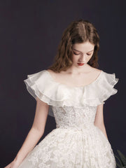 Light Champagne Tulle Lace Tea Length Prom Dress, Champagne Wedding Party Dress