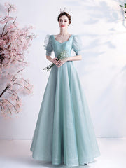 A-Line Tulle Blue Long Prom Dress, Blue Tulle Formal Dress