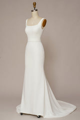 White Mermaid Square Neck Sweep Train Satin Wedding Dress Long