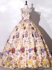 Champagne A-line Flowers Long Prom Dress, Champagne Sweet 16 Dress