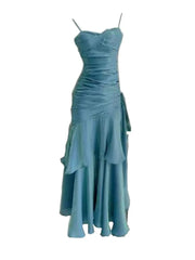 Elegant Mermaid Spaghetti Straps Blue Satin Long Prom Dresses Party Dress 21st Birthday Outfits Graduation Dresses DH2398