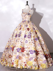 Champagne A-line Flowers Long Prom Dress, Champagne Sweet 16 Dress