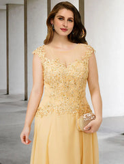 A-Line Mother of the Bride Dresses Plus Size Hide Belly Curve Elegant Dress Formal Sweep / Brush Train Sleeveless Jewel Neck Chiffon with Beading Appliques